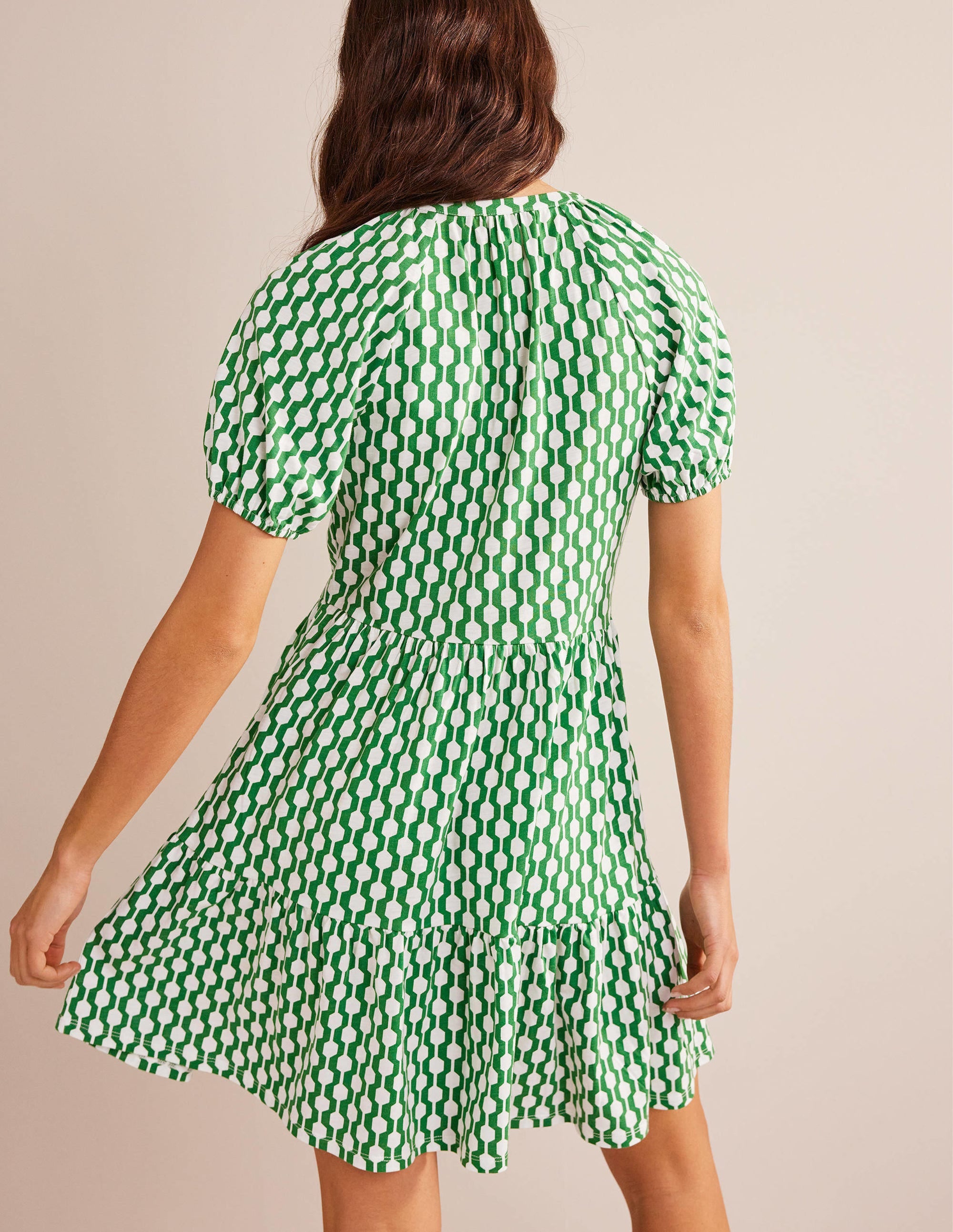 Short Sleeve Jersey Mini Dress-Rolling Hills, Geo Azure - Image 3
