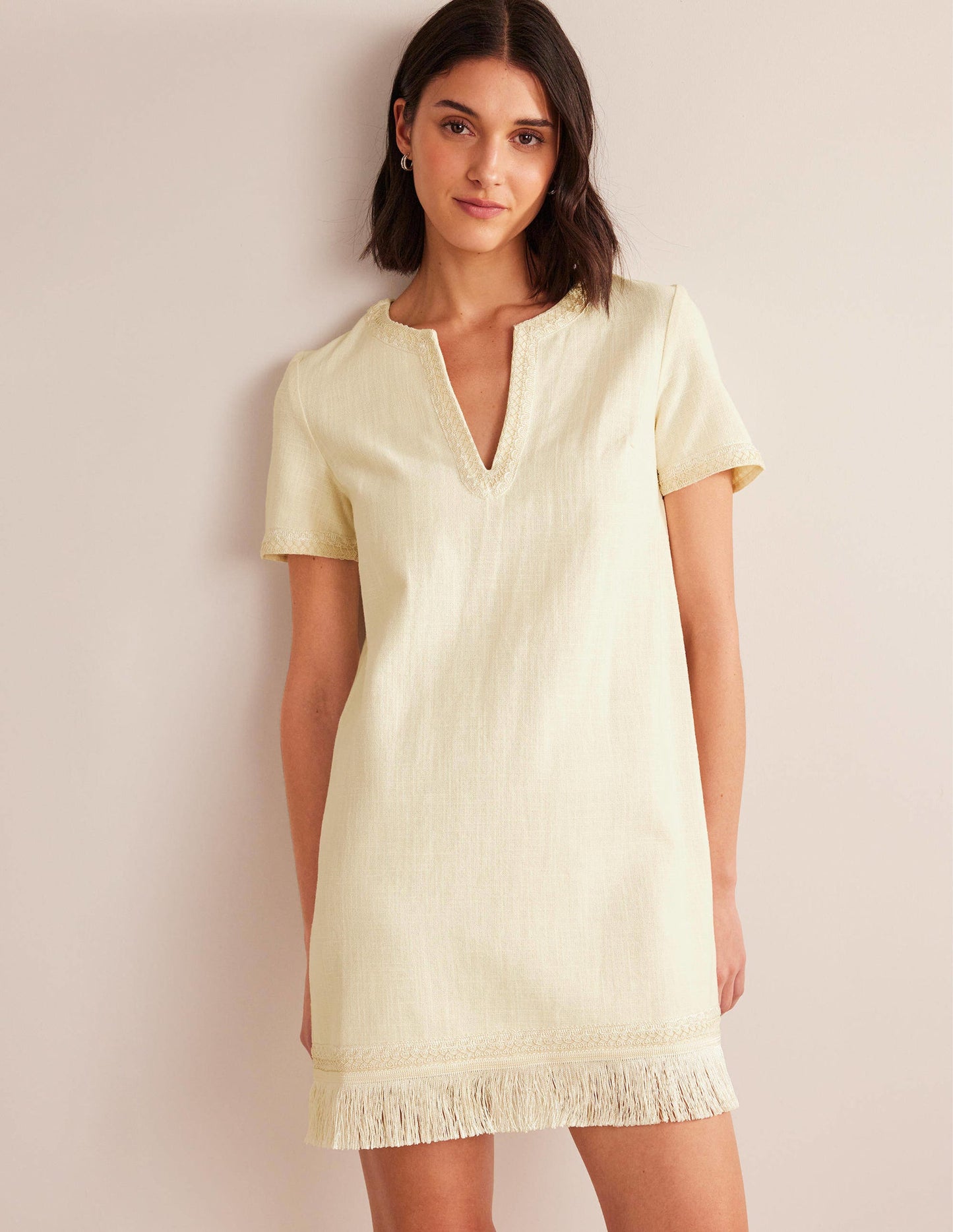 Fringe Hem Mini Shift Dress-Ivory