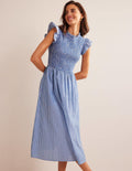 Smocked Bodice Midi Dress-Mid Blue, Leno Stripe