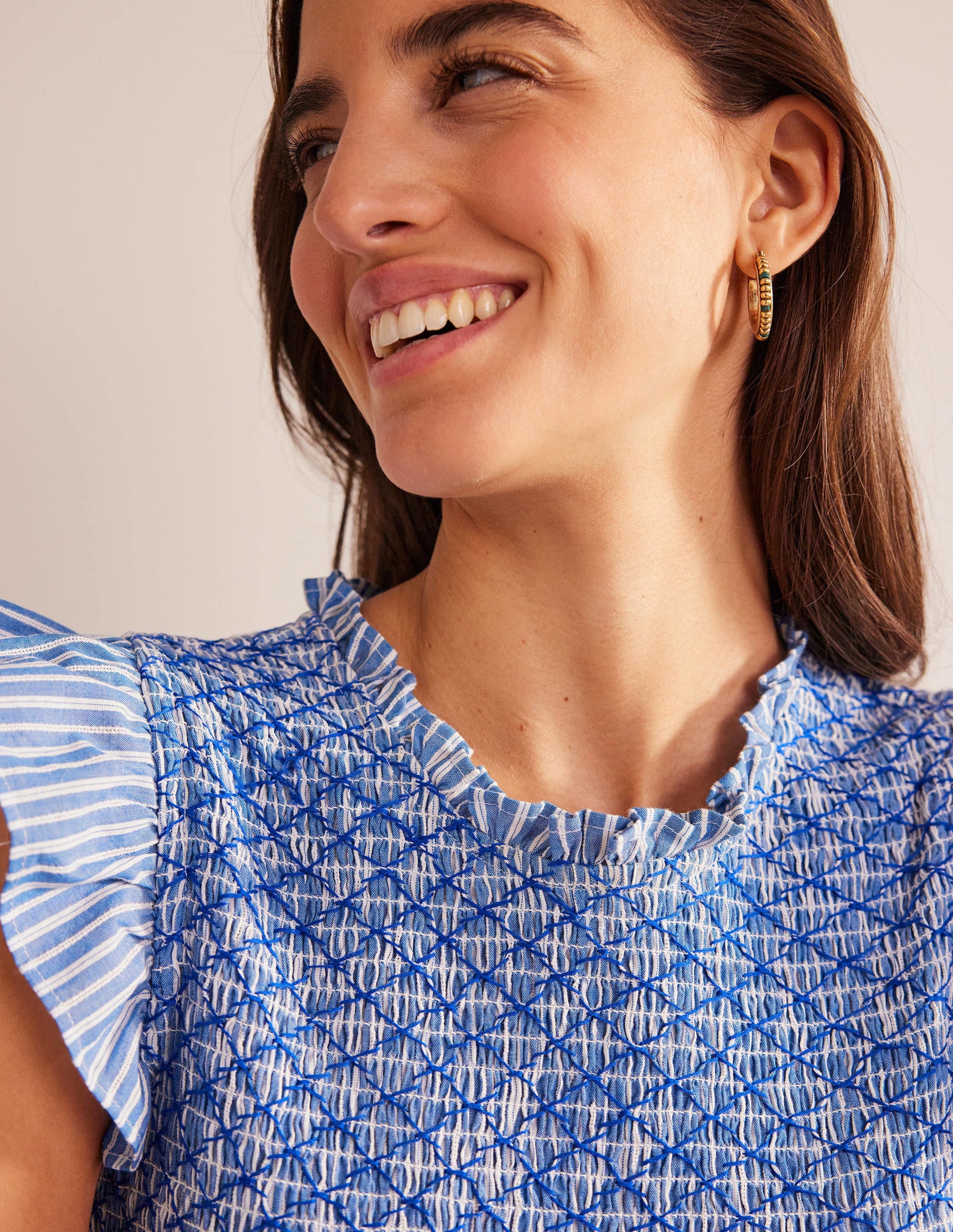 Smocked Bodice Midi Dress-Mid Blue, Leno Stripe - Image 2