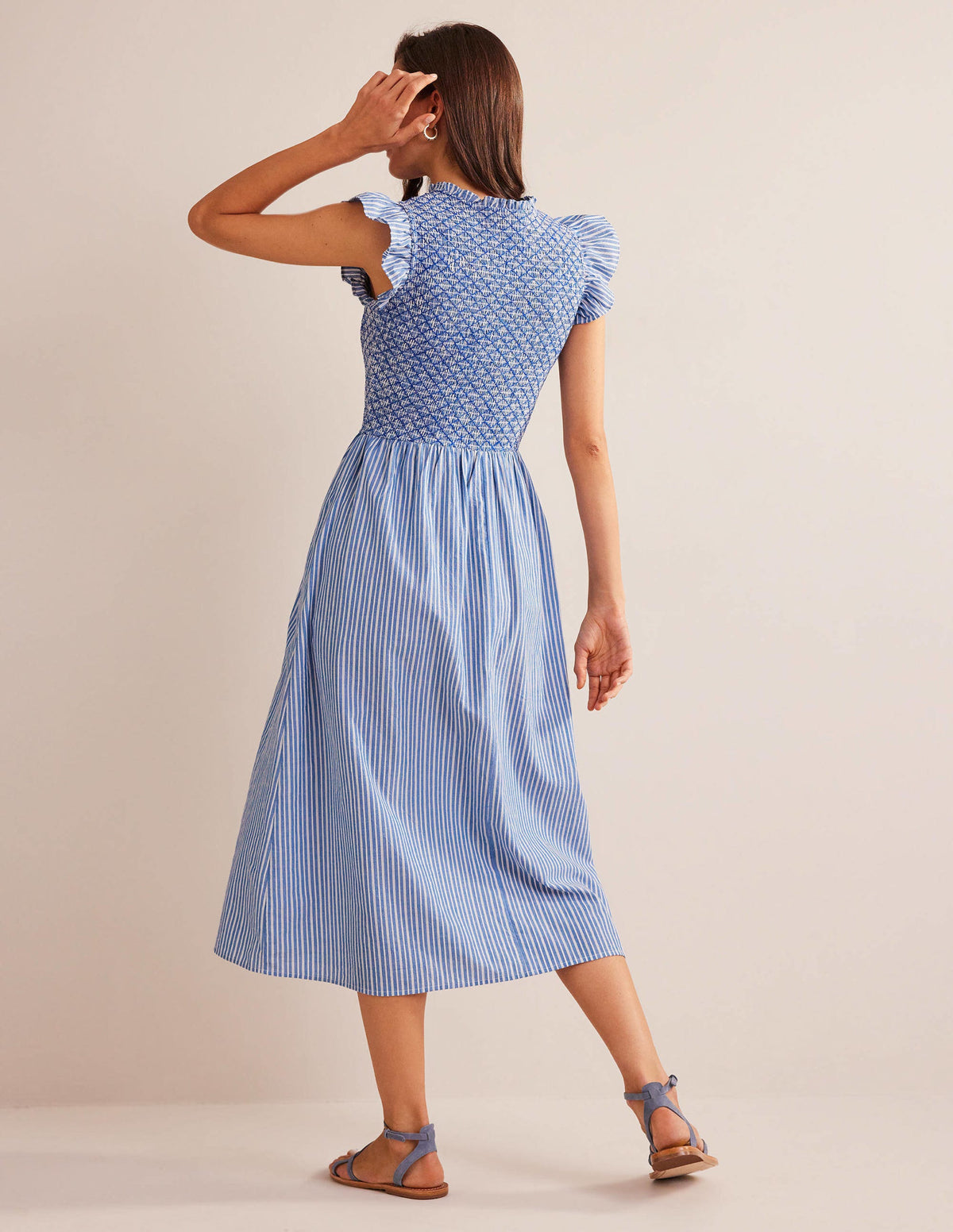 Smocked Bodice Midi Dress-Mid Blue, Leno Stripe - Image 3