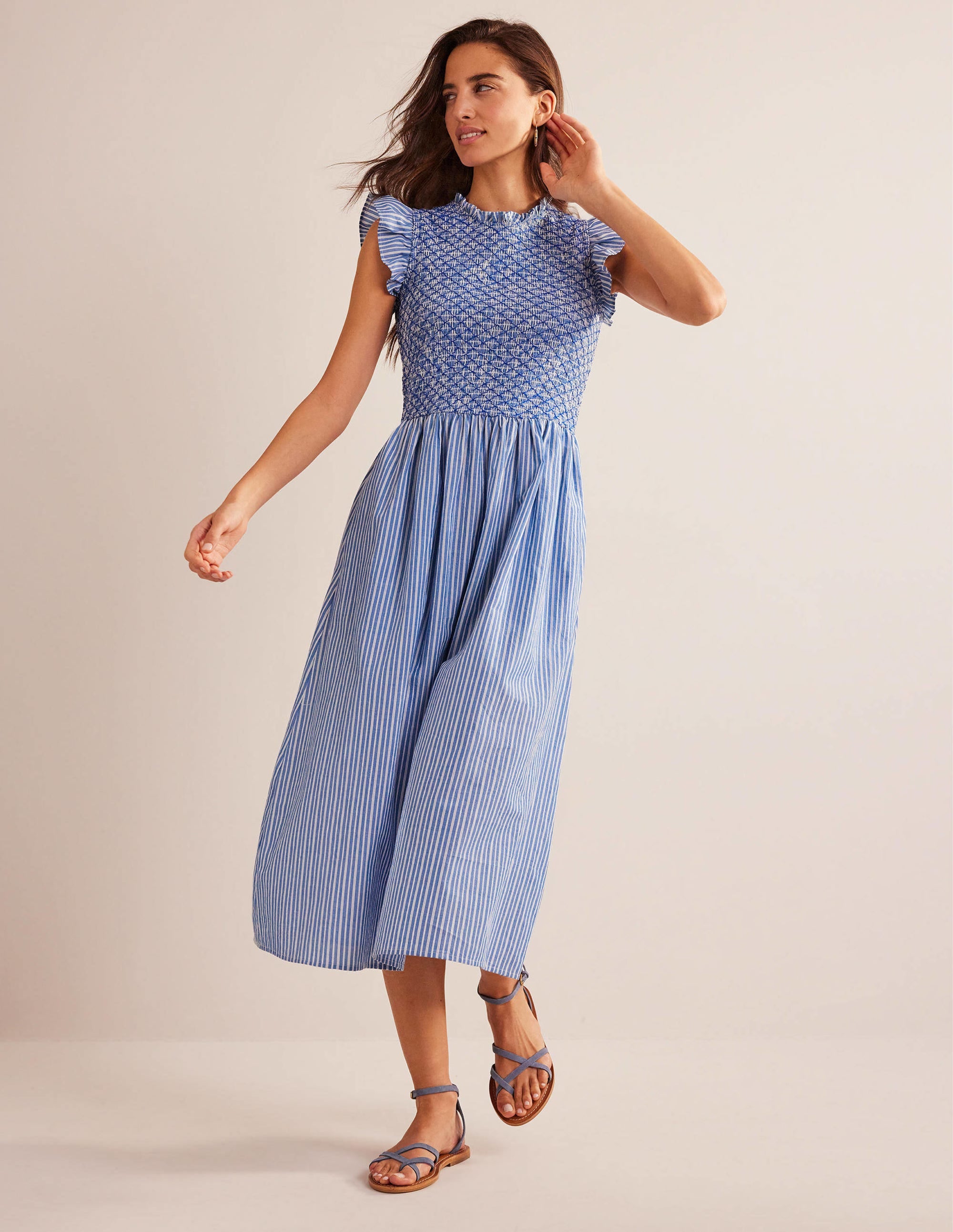 Smocked Bodice Midi Dress-Mid Blue, Leno Stripe - Image 4