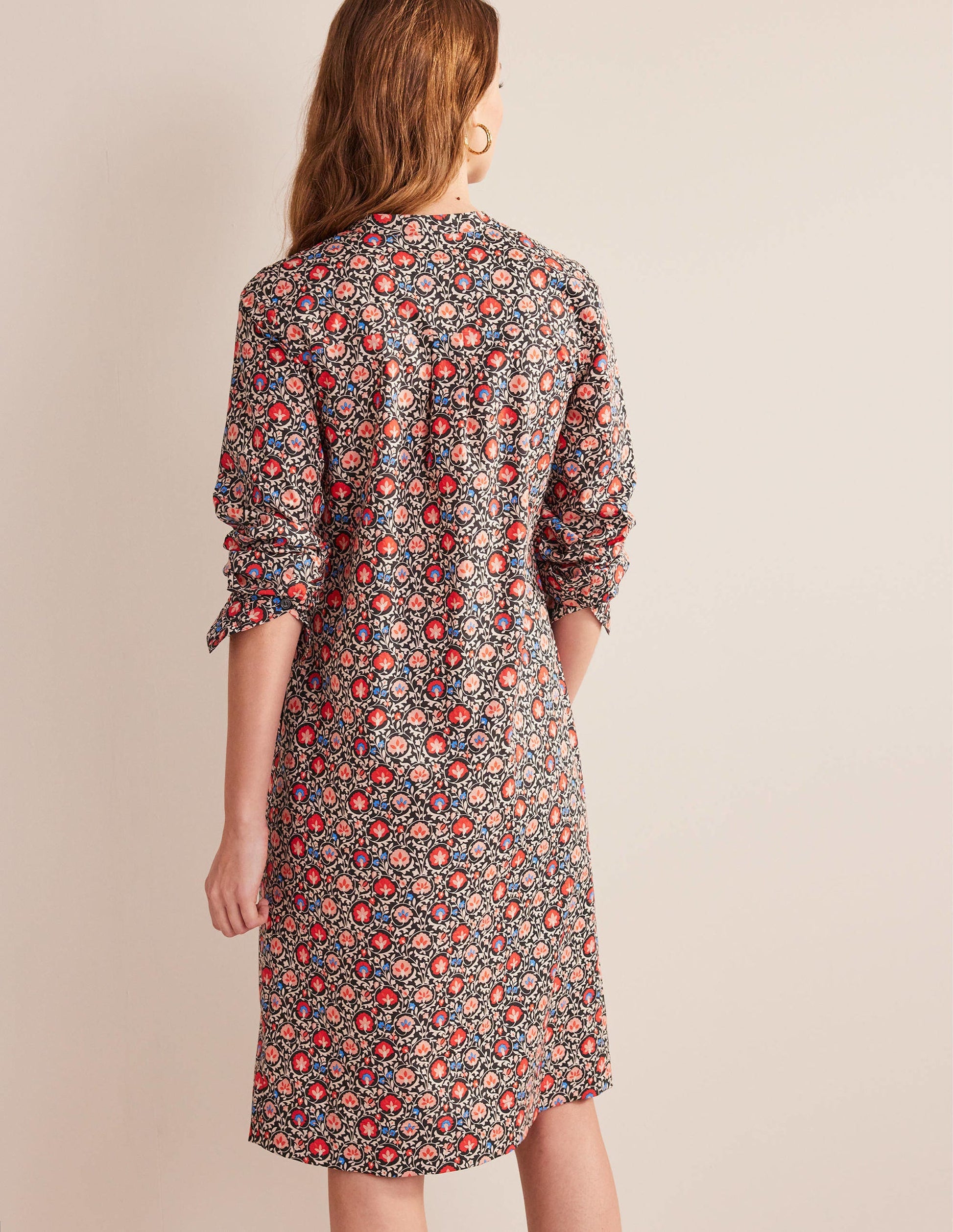 Collarless Midi Shirt Dress-Poinsettia, Enchanting Bloom-3