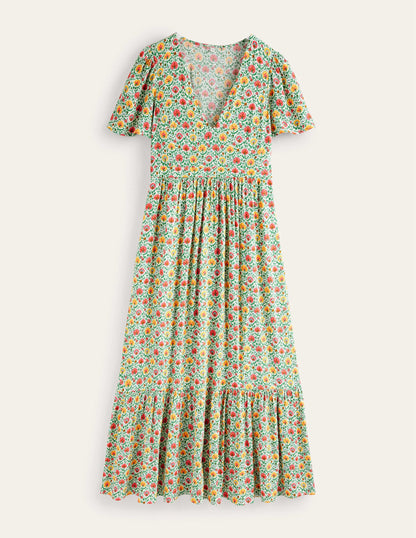 V-neck Tiered Maxi Dress-Green, Enchanting Bloom-5