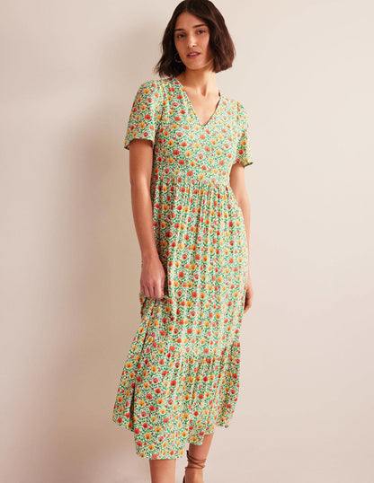 V-neck Tiered Maxi Dress-Green, Enchanting Bloom-1
