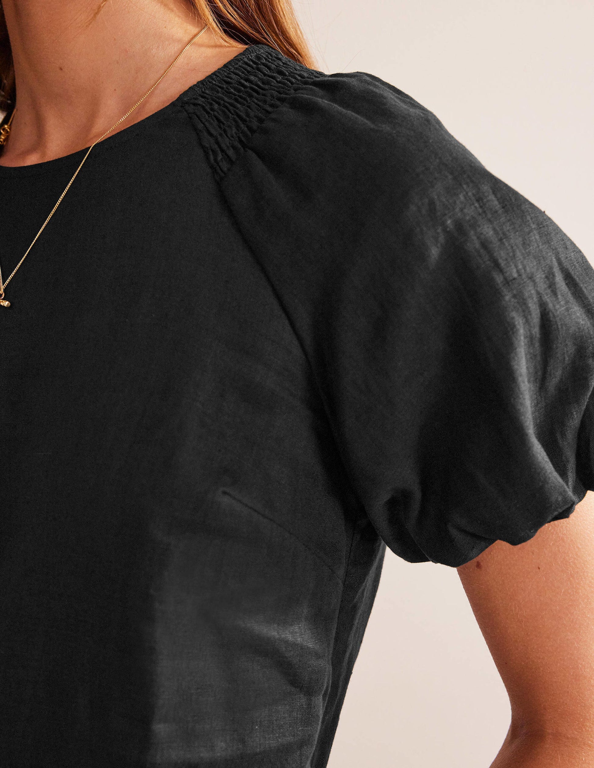 Sleeve Detail Linen Mini Dress-Black-2