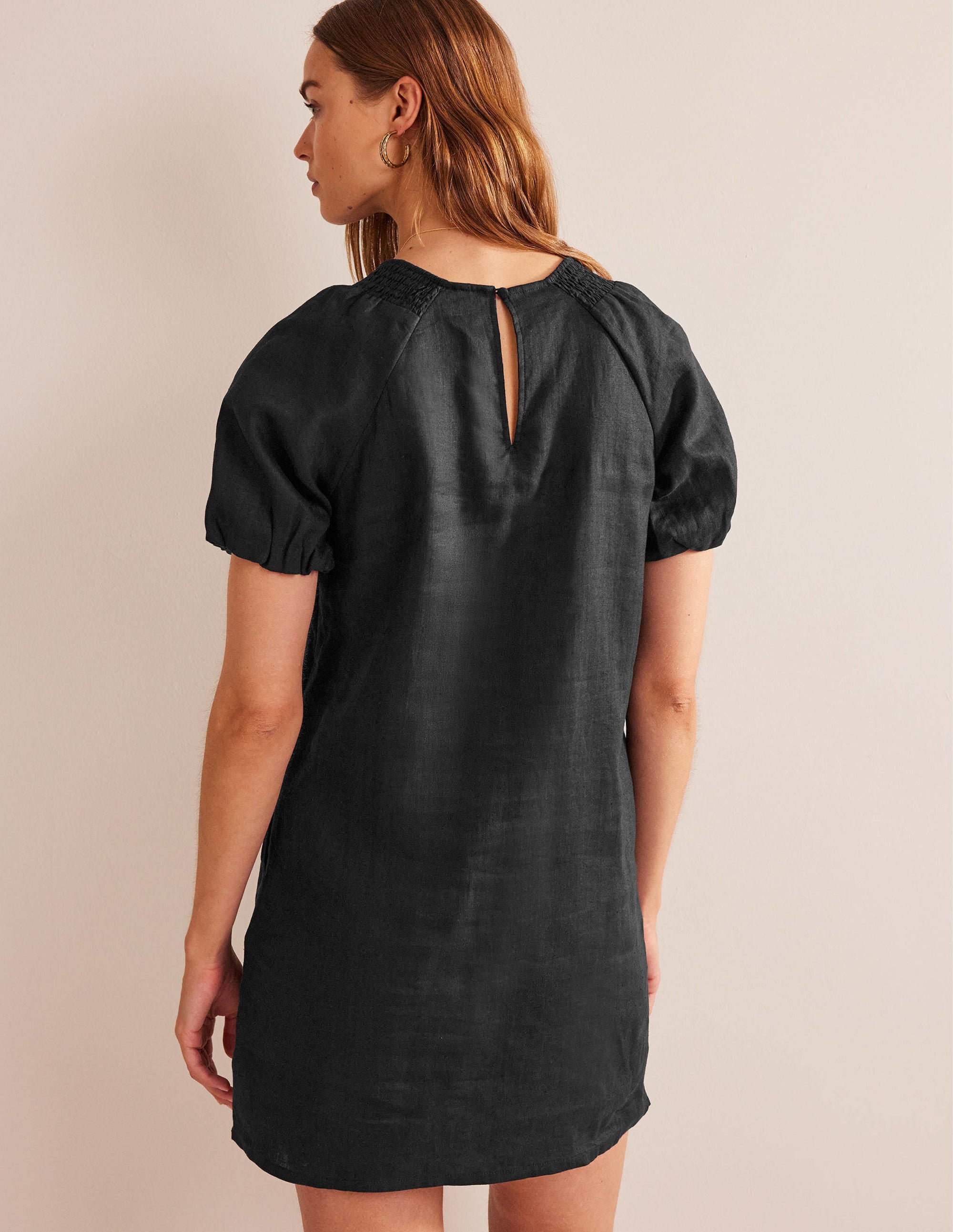 Sleeve Detail Linen Mini Dress-Black - Image 3