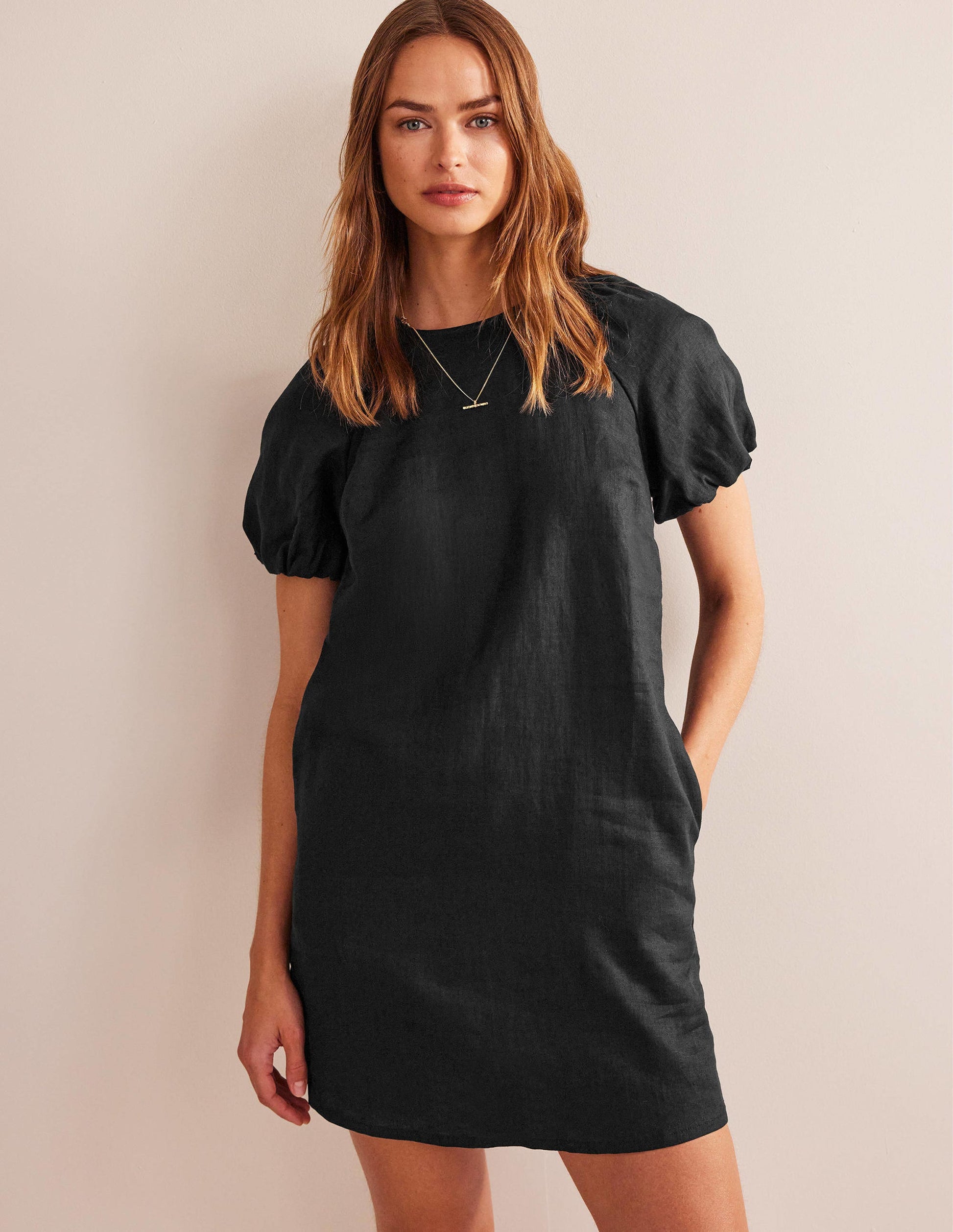 Sleeve Detail Linen Mini Dress-Black-4