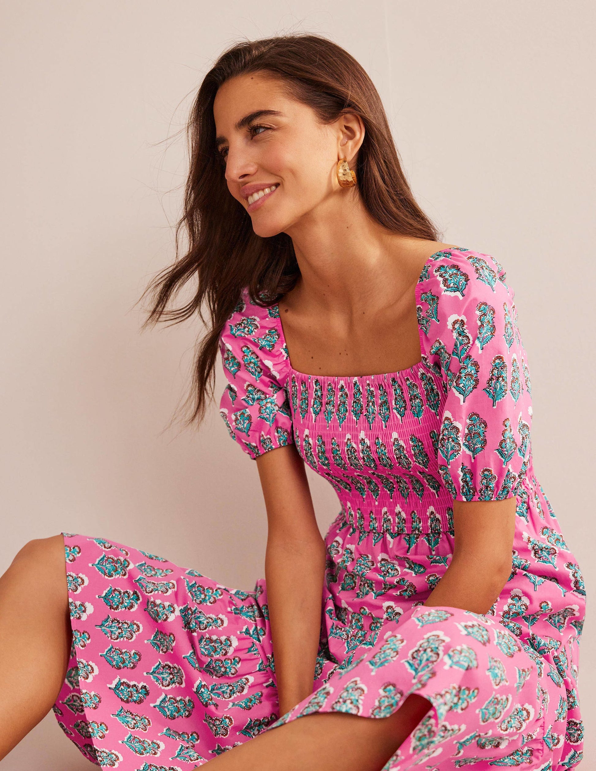 Smocked Bodice Maxi Dress-Festival Pink, Artisan Bloom-1