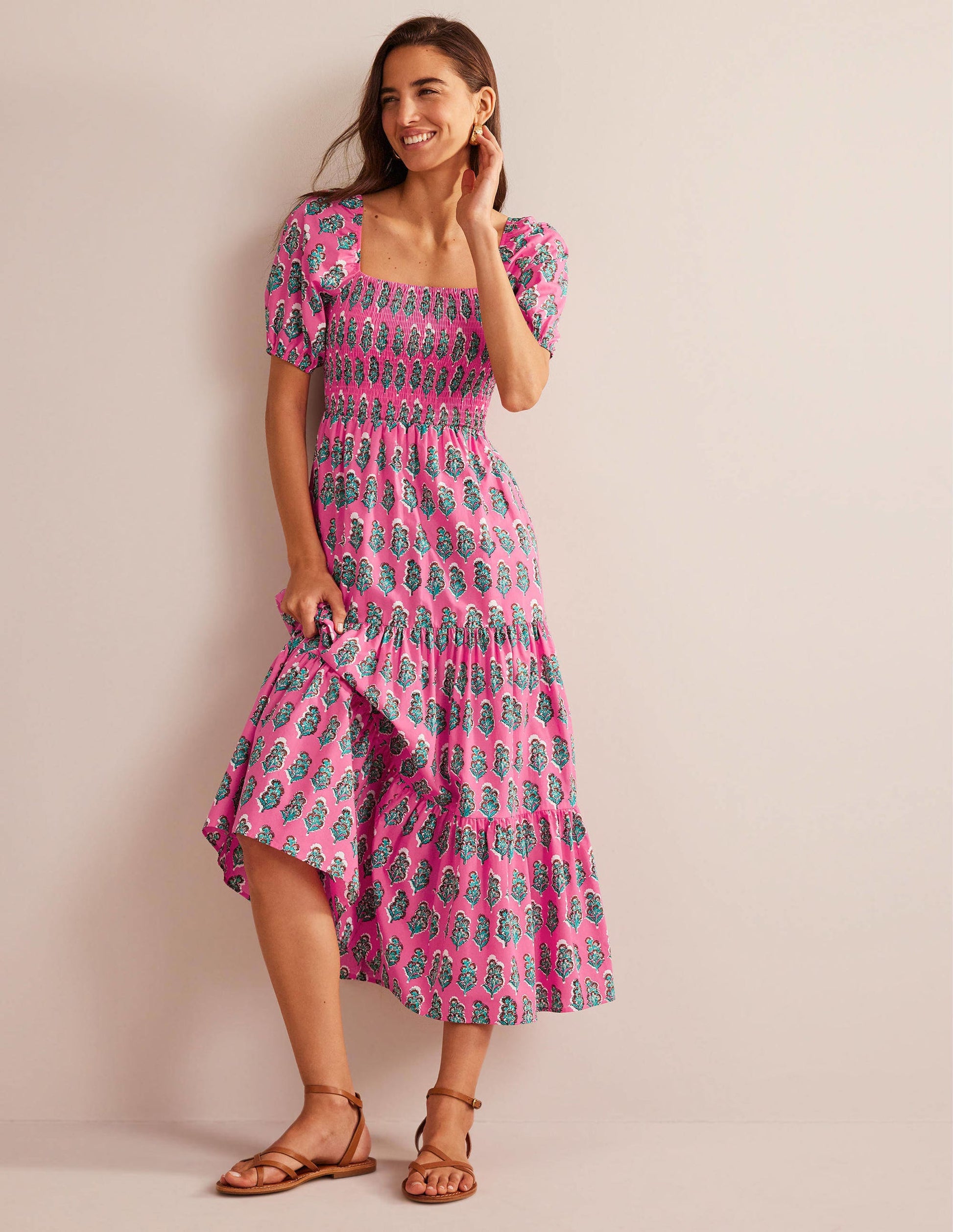 Smocked Bodice Maxi Dress-Festival Pink, Artisan Bloom-2