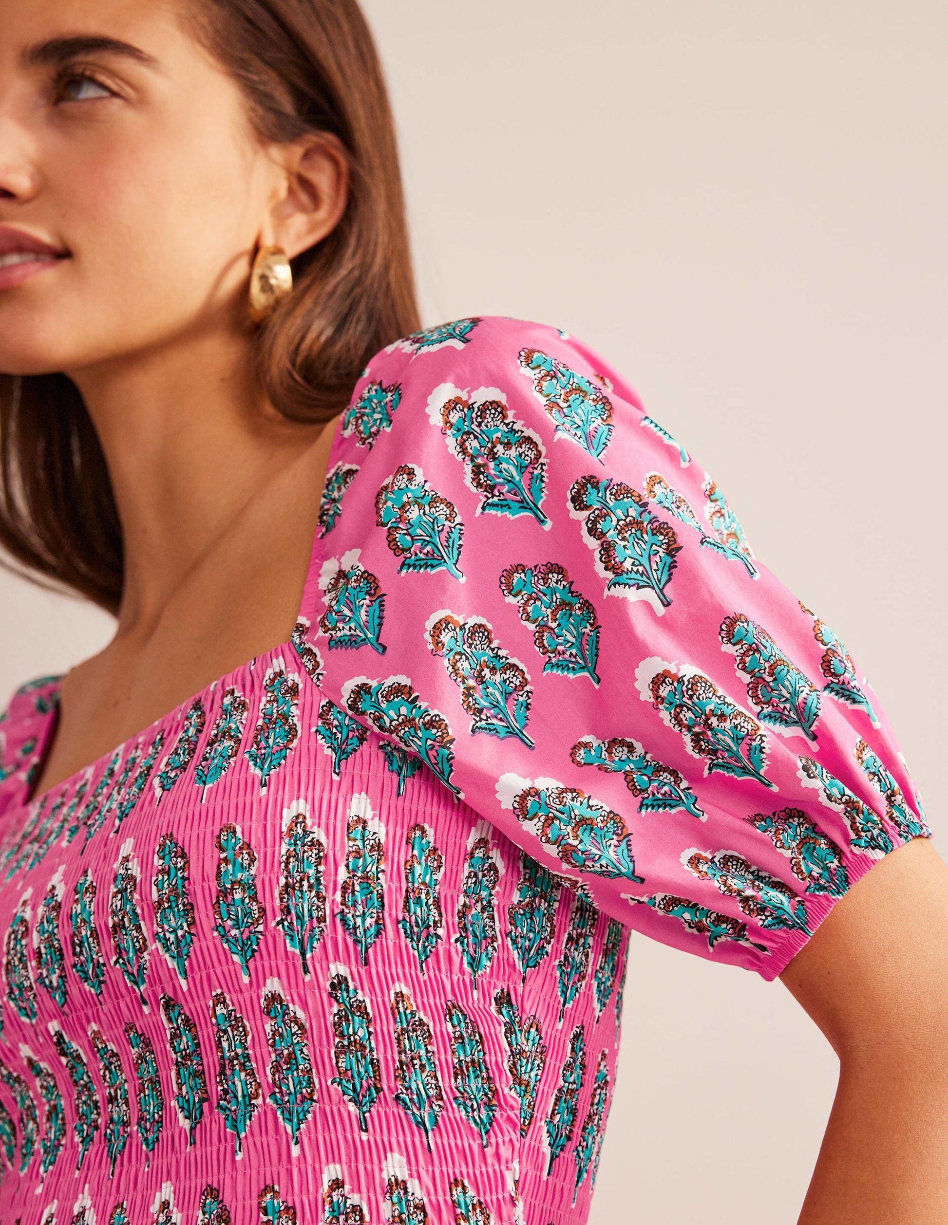 Smocked Bodice Maxi Dress-Festival Pink, Artisan Bloom-3