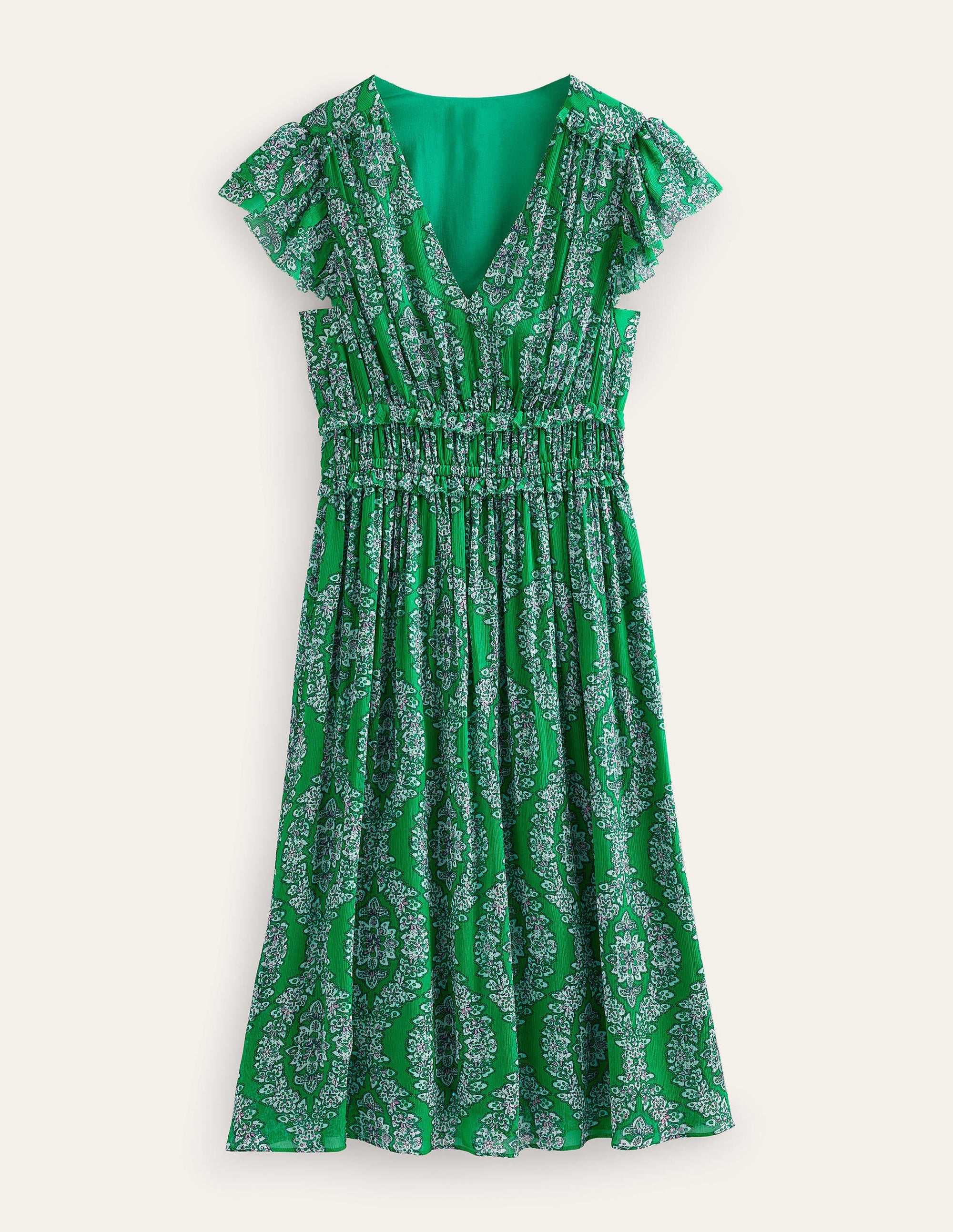 Gathered Waist Midi Dress-Rich Emerald, Botanic Wreath - Image 8