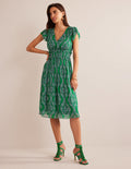 Gathered Waist Midi Dress-Rich Emerald, Botanic Wreath