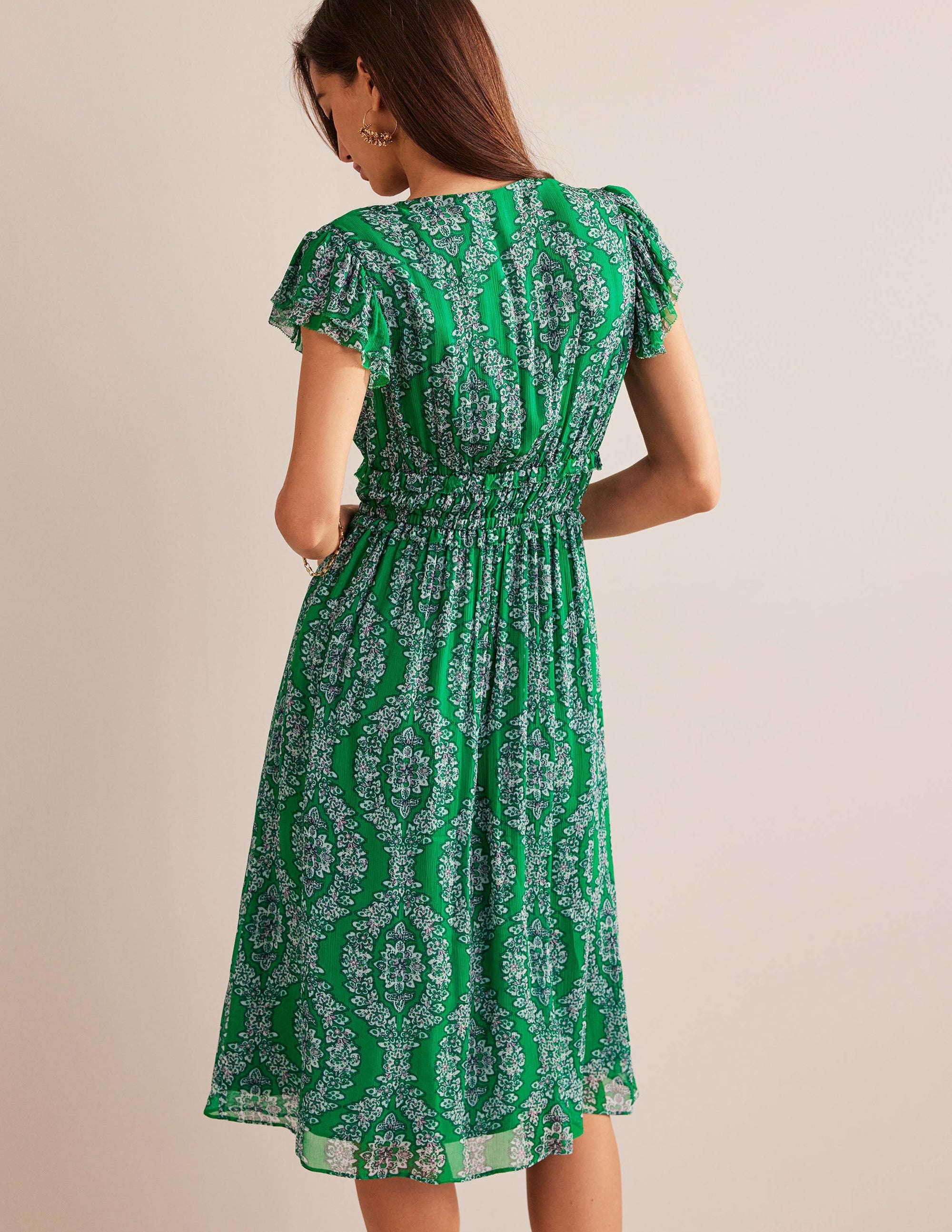 Gathered Waist Midi Dress-Rich Emerald, Botanic Wreath - Image 3