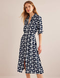 Printed Midi Shirt Dress-French Navy, Cube Small