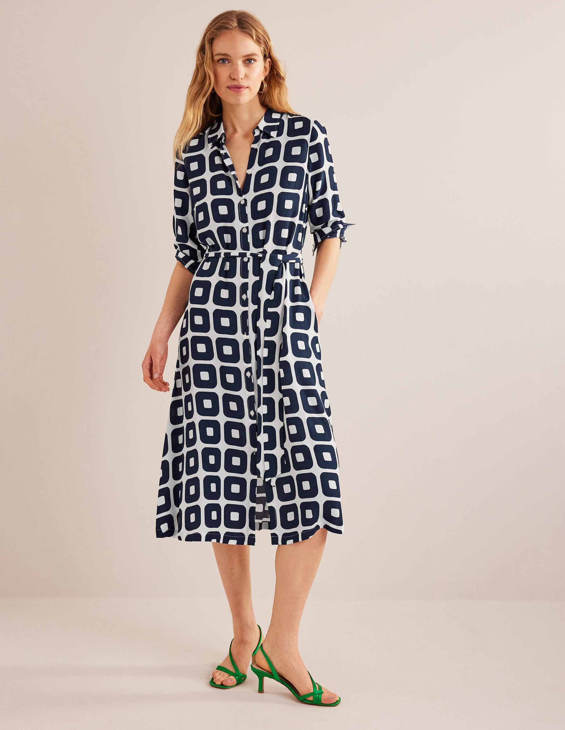 Printed Midi Shirt Dress-French Navy, Cube Small-4
