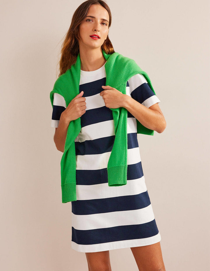 Crew Neck Mini T-shirt Dress-Ivory and Navy Stripe
