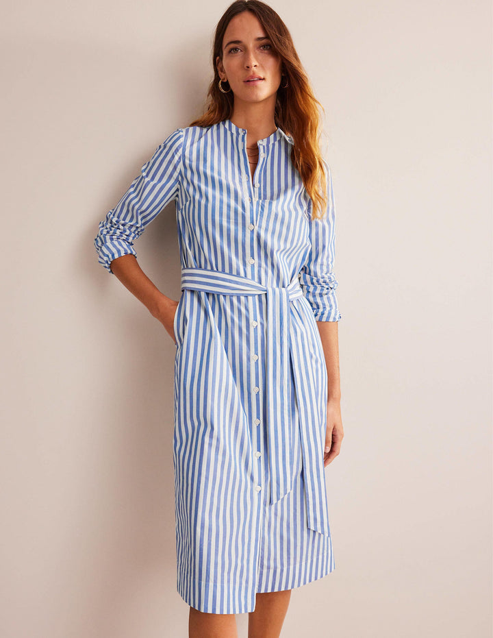 Cotton Belted Shirt Dress-Sapphire and Ivory Stripe