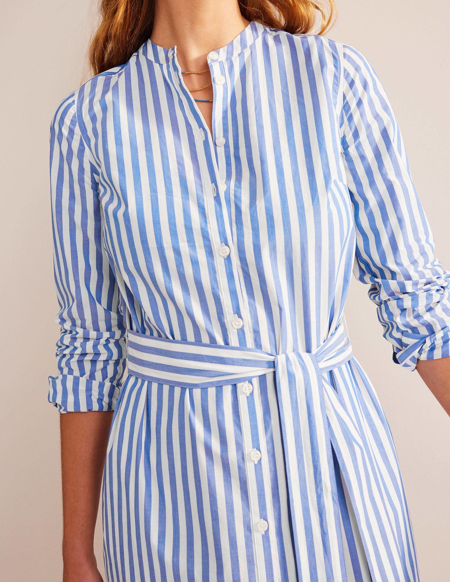 Cotton Belted Shirt Dress-Sapphire and Ivory Stripe