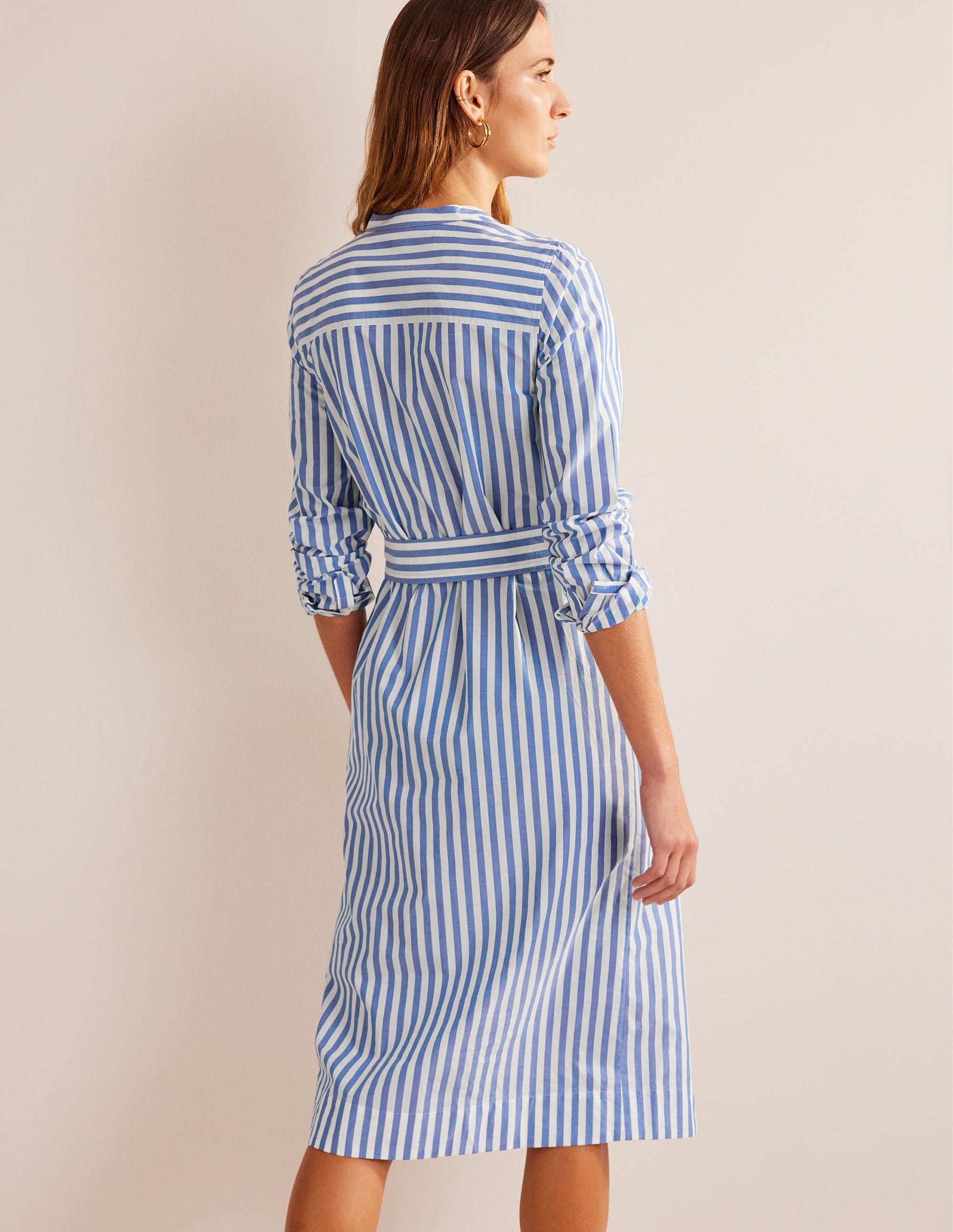 Cotton Belted Shirt Dress-Sapphire and Ivory Stripe-3