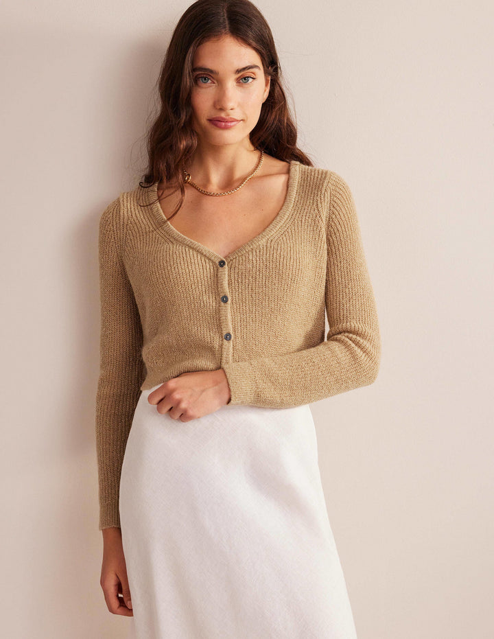 Cropped Fluffy Cardigan-Sparkle Camel Melange