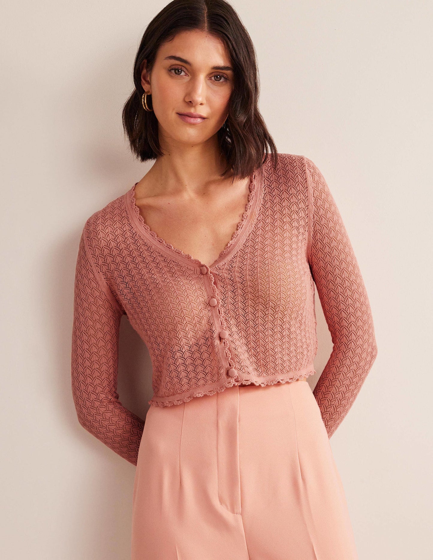 Pointelle Cropped Cardigan-Rose Pink