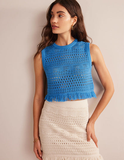 Cropped Fringe Crochet Tank-Porcelain Blue-1