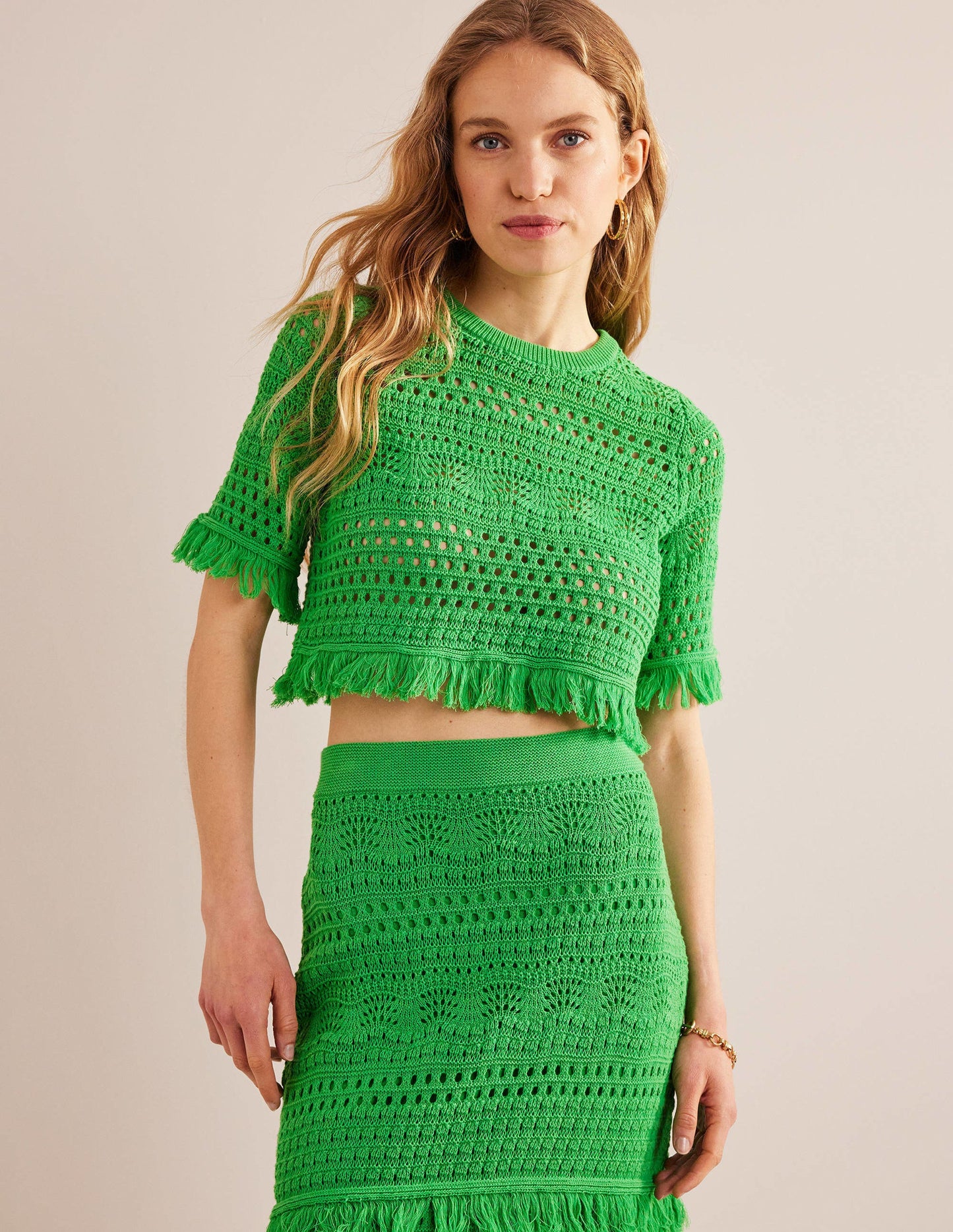 Cropped Fringe Crochet T-Shirt-Bright Green