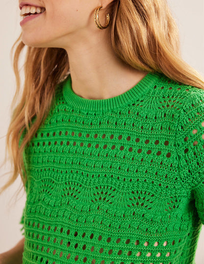 Cropped Fringe Crochet T-Shirt-Bright Green-2