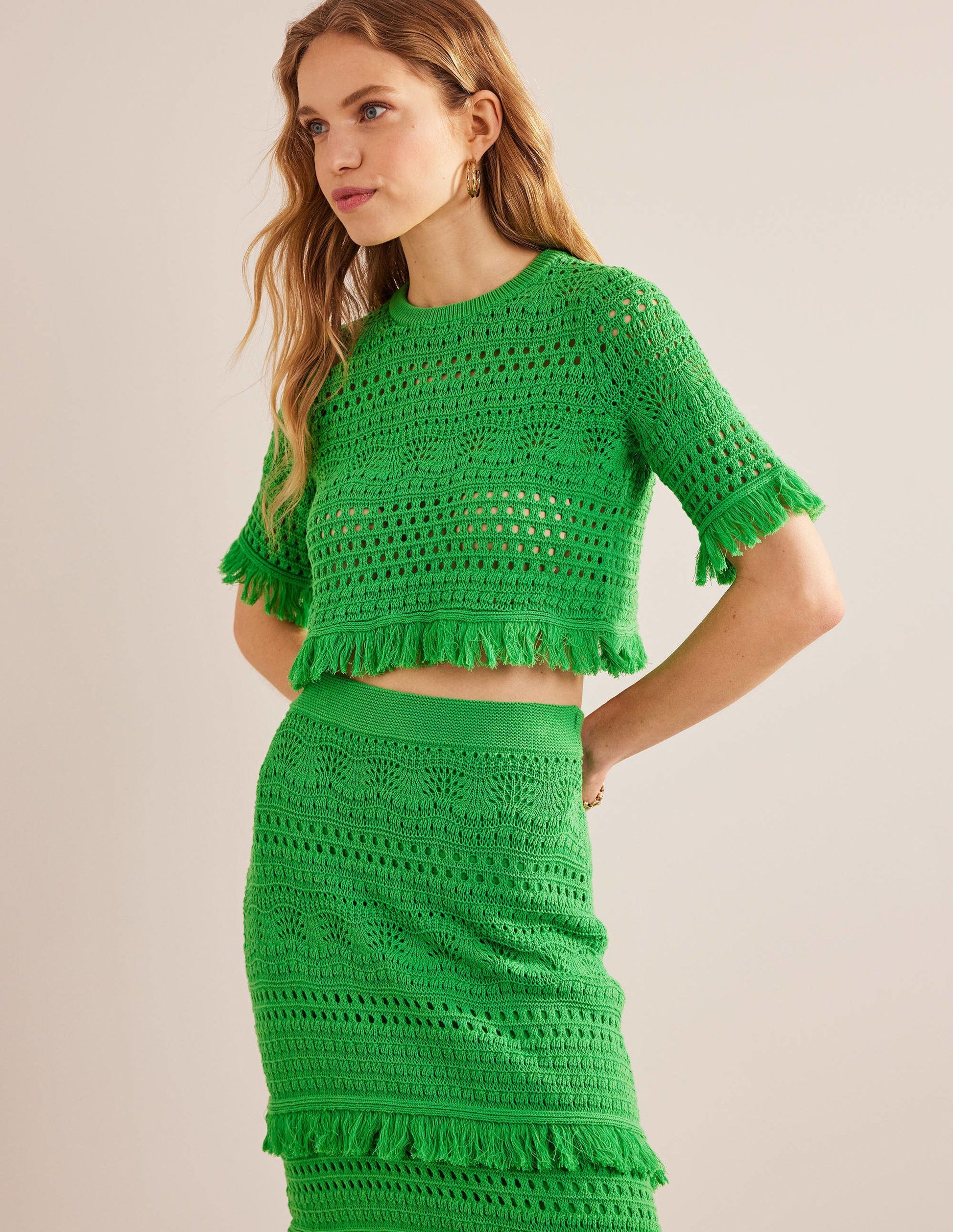 Cropped Fringe Crochet T-Shirt-Bright Green-4