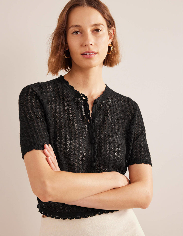 Cropped Short Sleeve Cardigan-Black