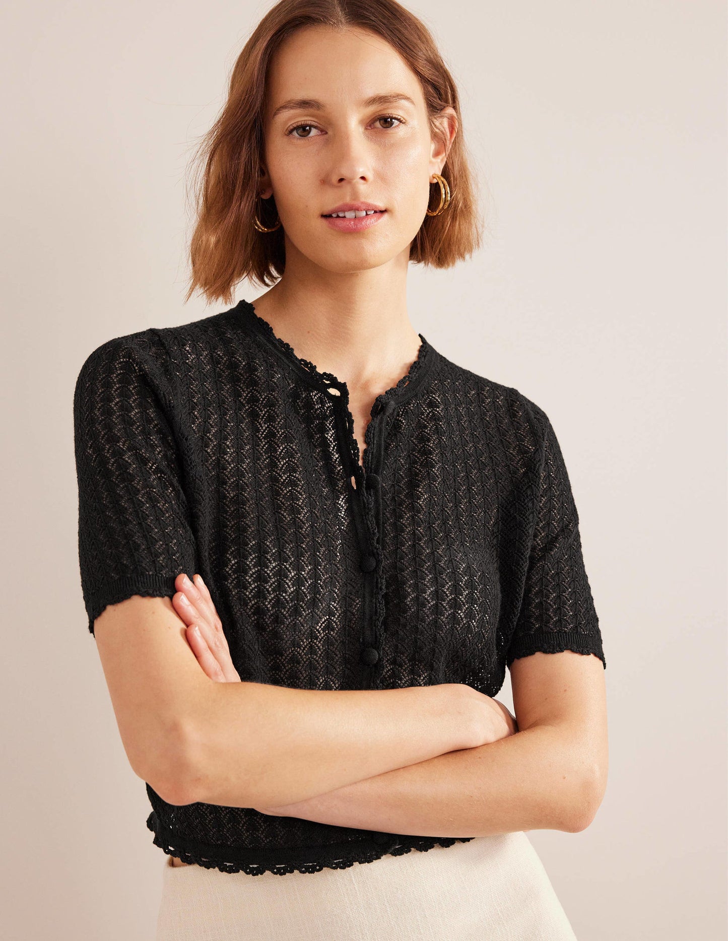 Cropped Short Sleeve Cardigan-Black