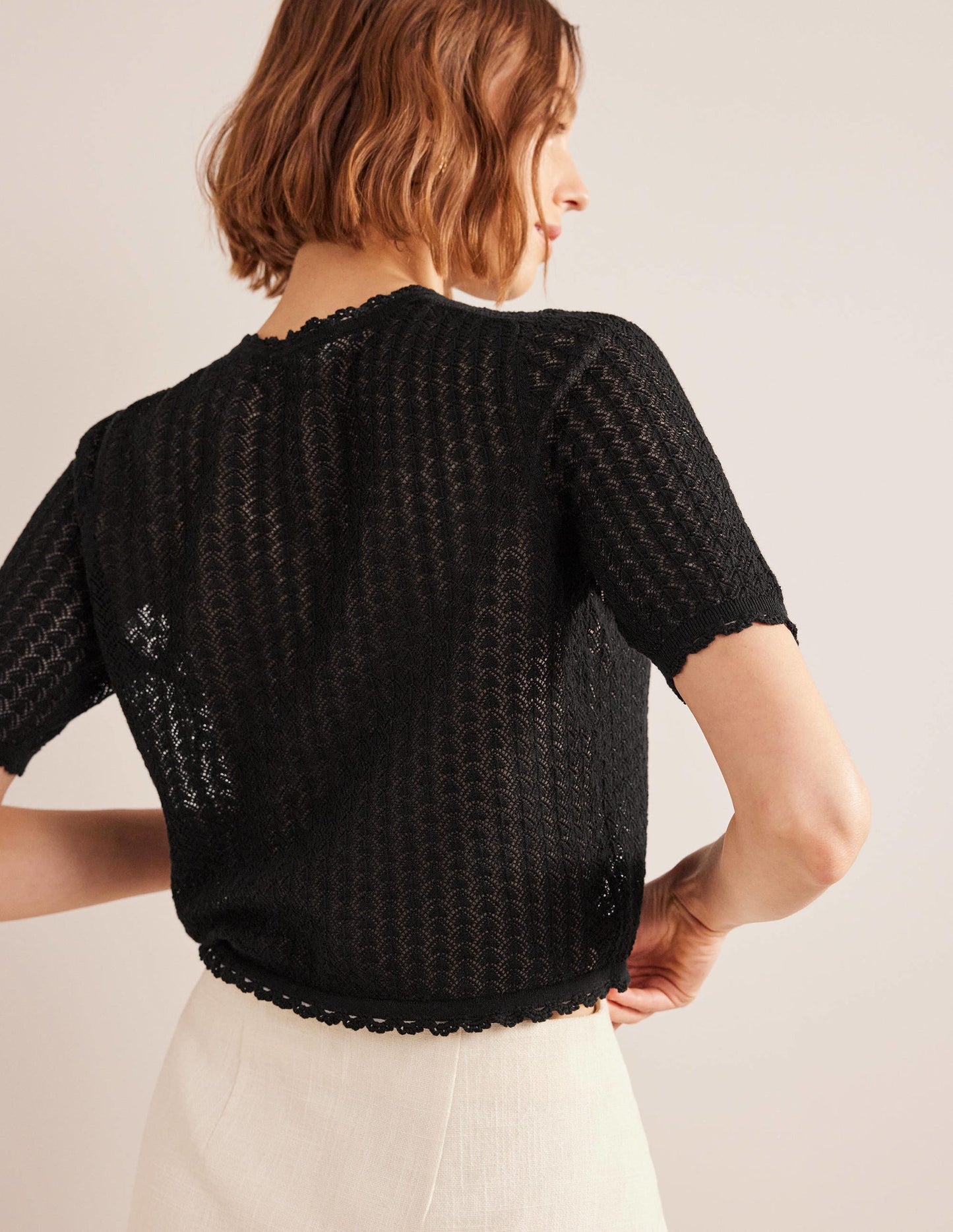 Cropped Short Sleeve Cardigan-Black