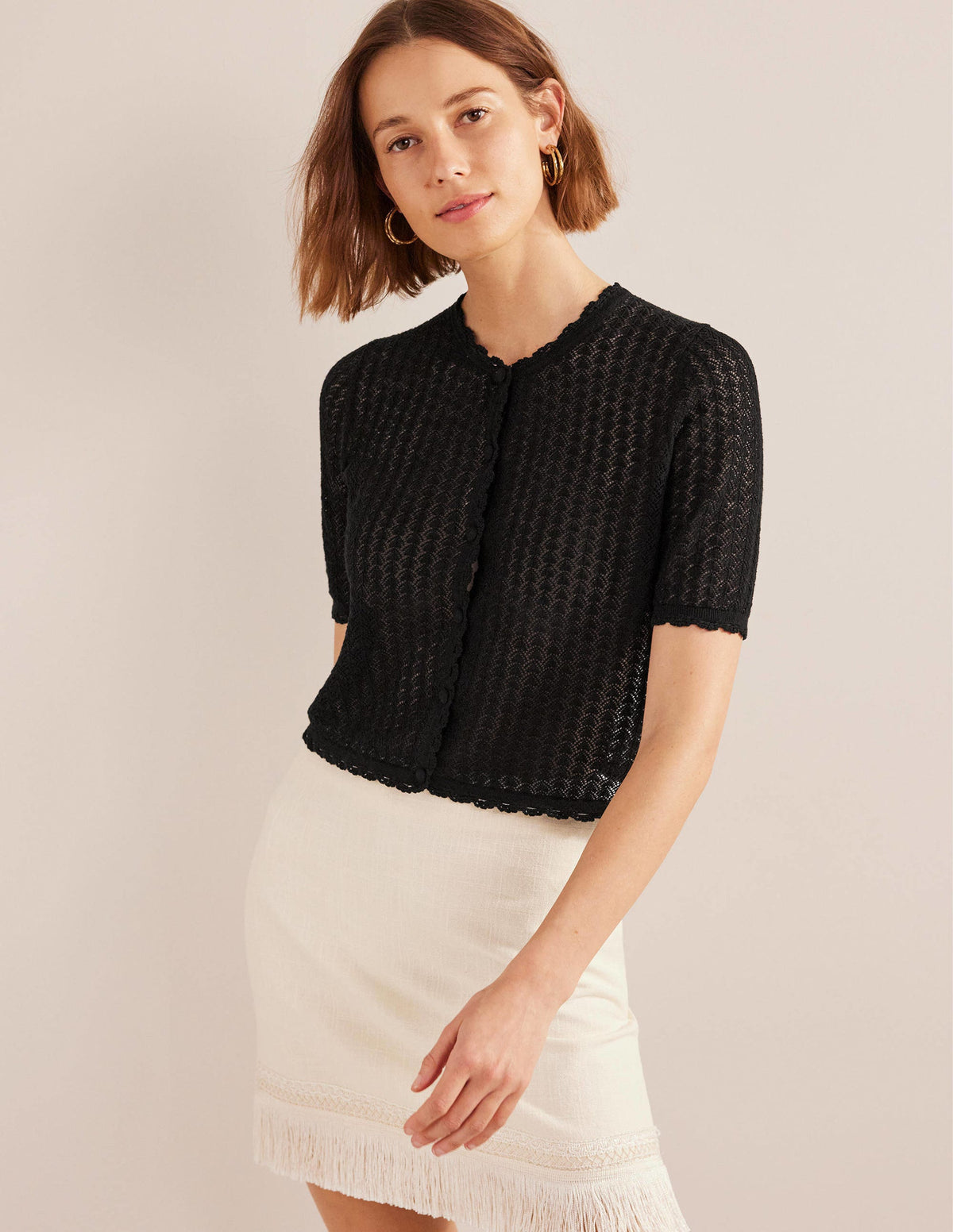 Cropped Short Sleeve Cardigan-Black - Image 4