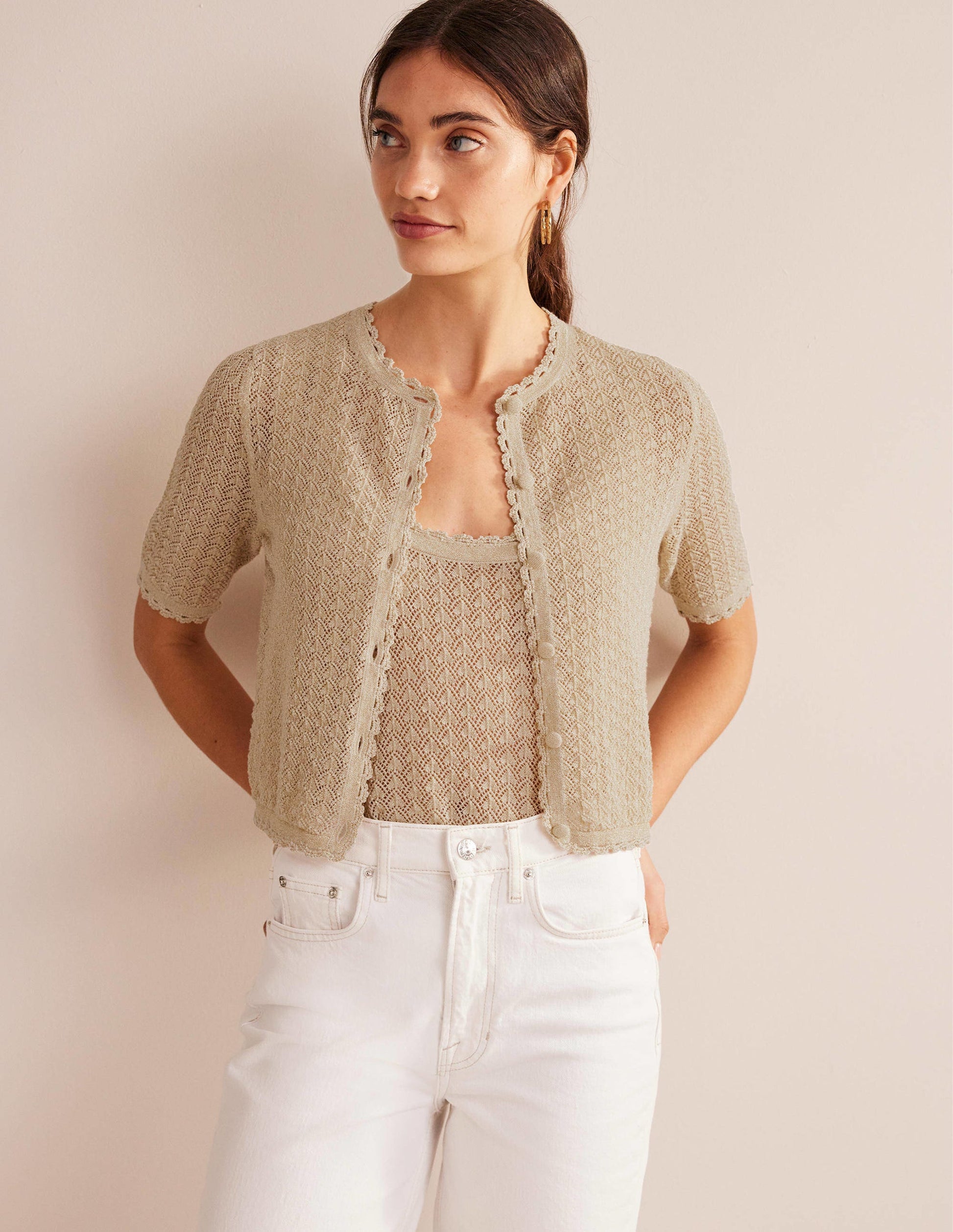 Cropped Short Sleeve Cardigan-Gold Sparkle-4