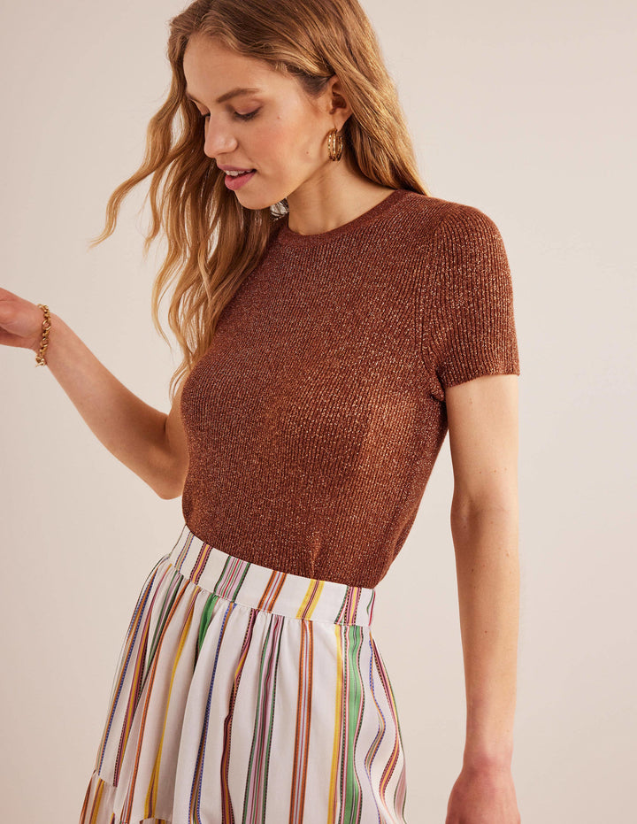 Cropped Sparkle Knit T-Shirt-Cognac Bronze Gold Sparkle