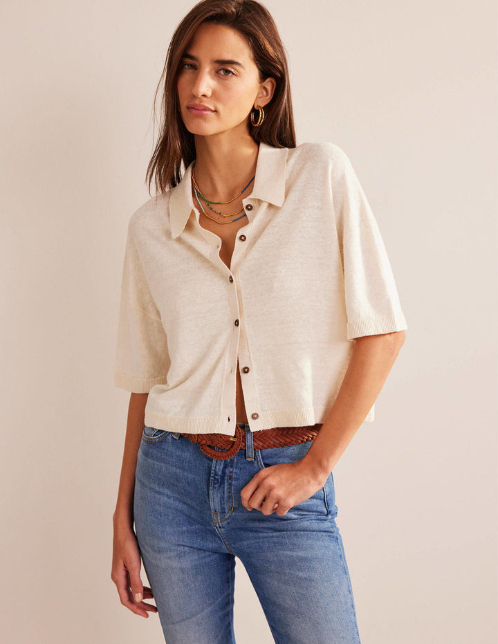 Collared Linen Knitted Shirt-Warm Ivory