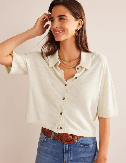 Collared Linen Knitted Shirt-Warm Ivory