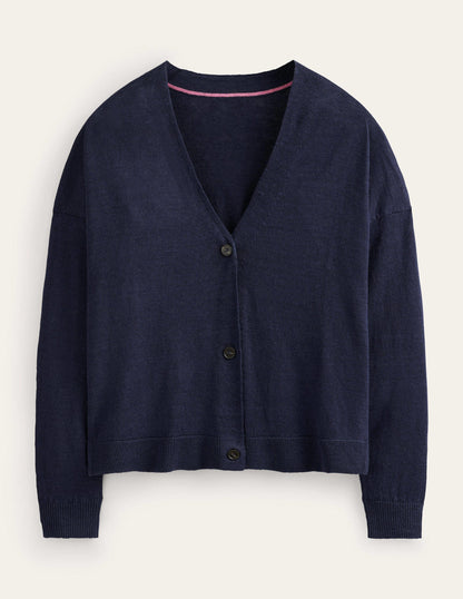 Drop-Shoulder Linen Cardigan-Navy-6