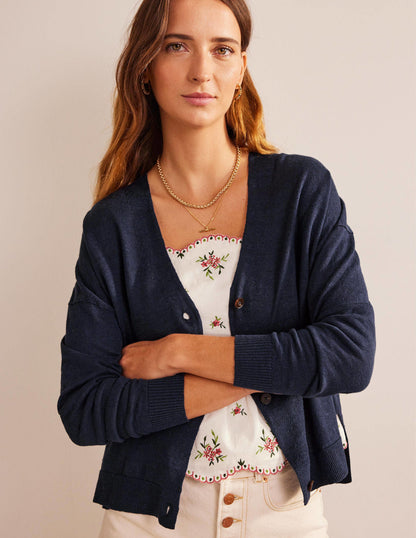 Drop-Shoulder Linen Cardigan-Navy-1