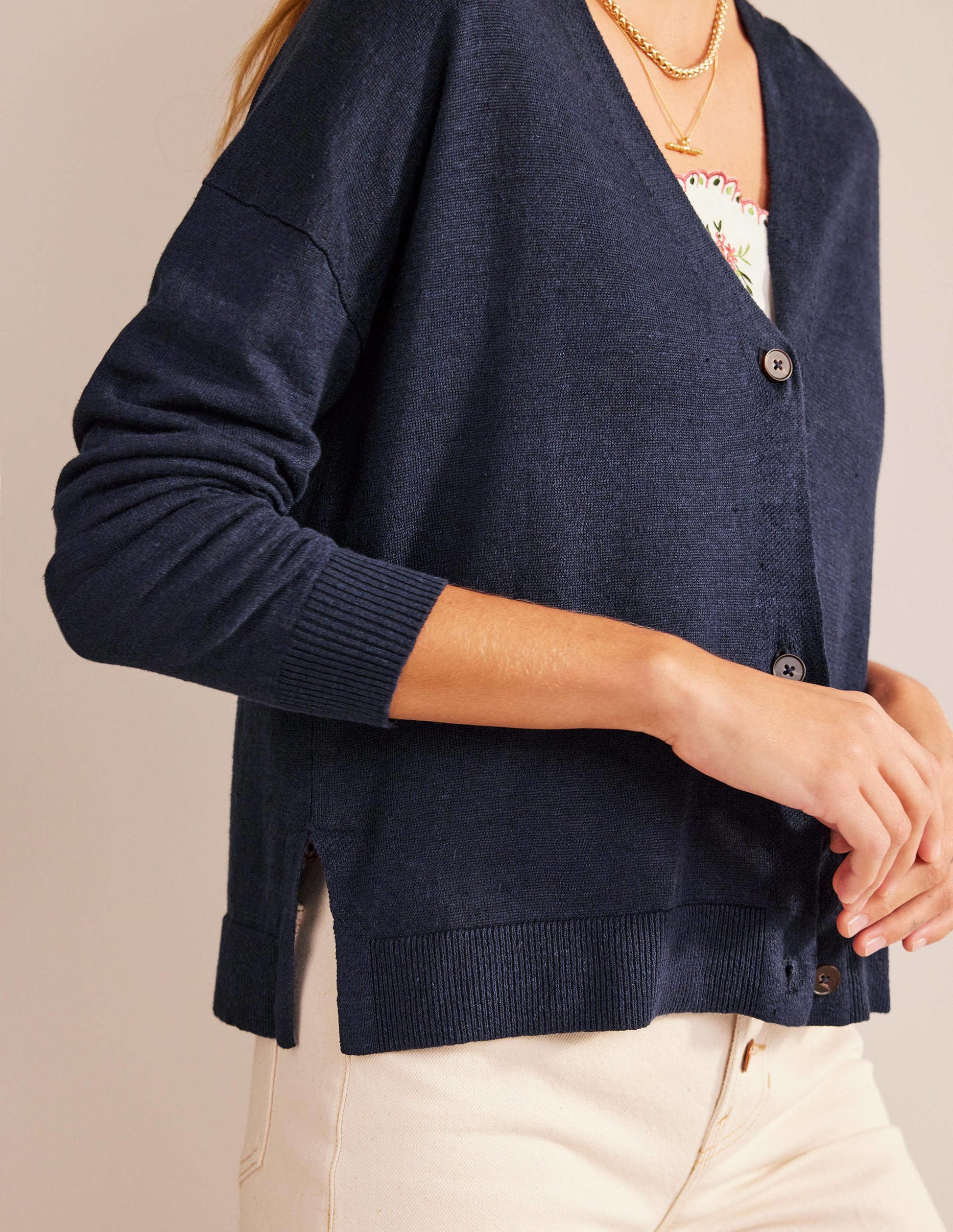 Drop-Shoulder Linen Cardigan-Navy-2