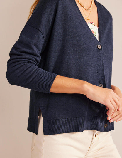 Drop-Shoulder Linen Cardigan-Navy-2