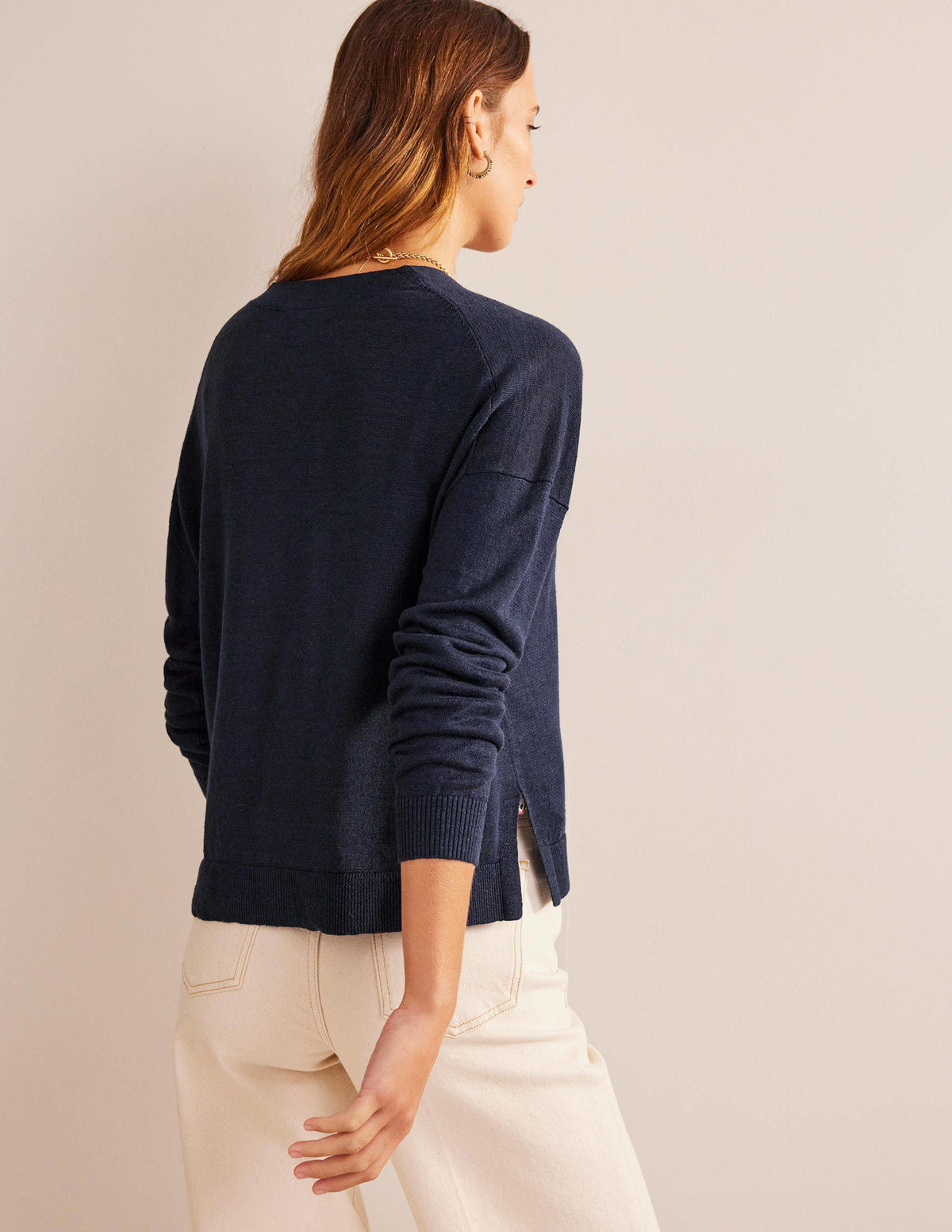 Drop-Shoulder Linen Cardigan-Navy - Image 3