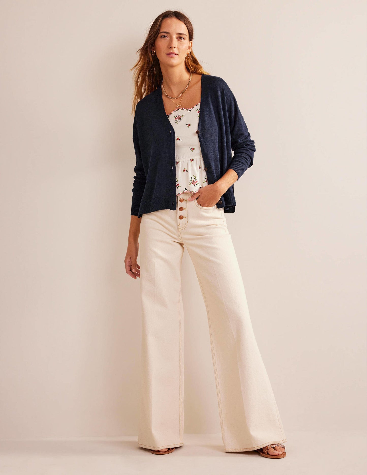 Drop-Shoulder Linen Cardigan-Navy