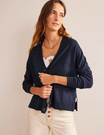 Drop-Shoulder Linen Cardigan-Navy-5