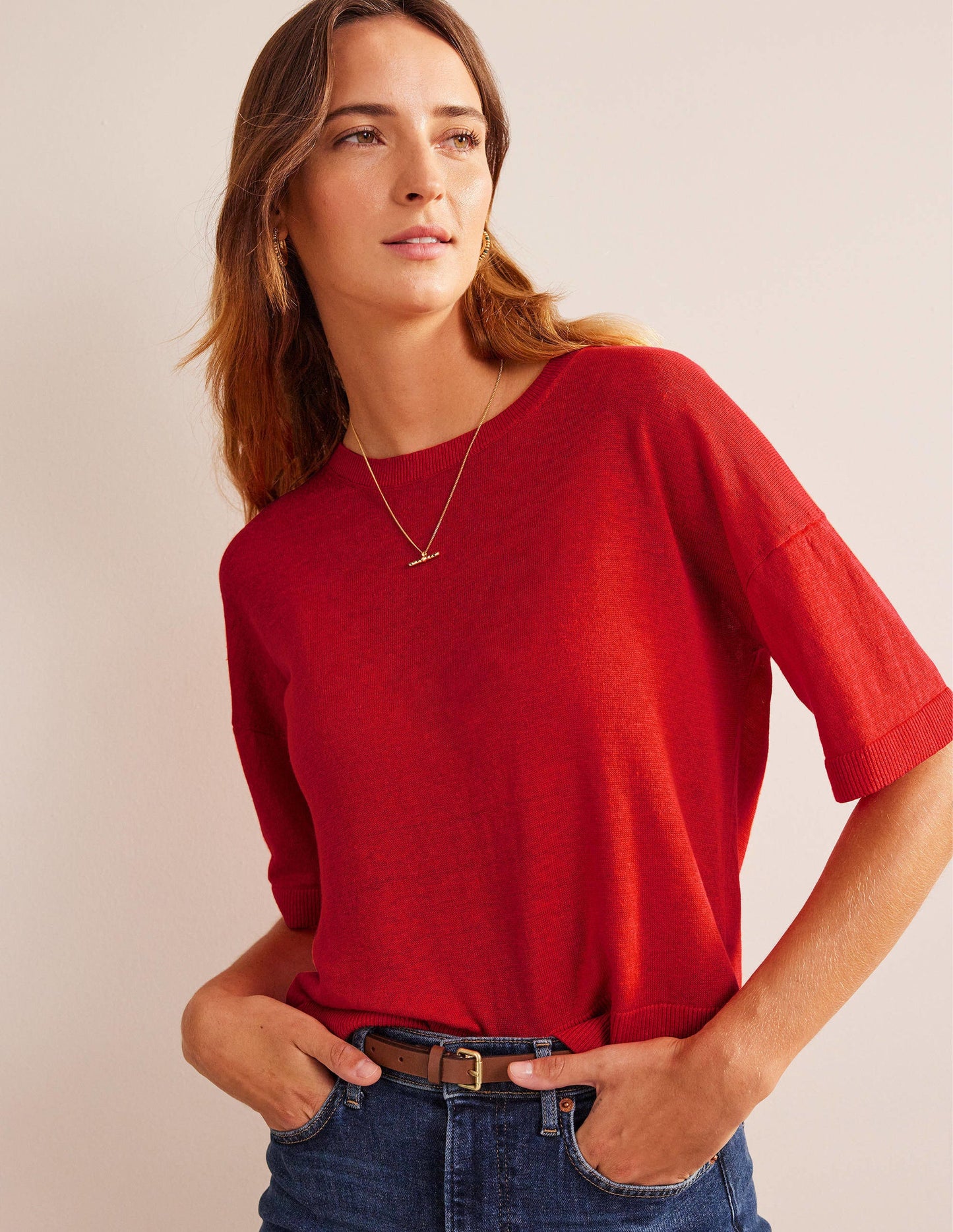 Drop-Shoulder Linen T-Shirt-Blood Orange