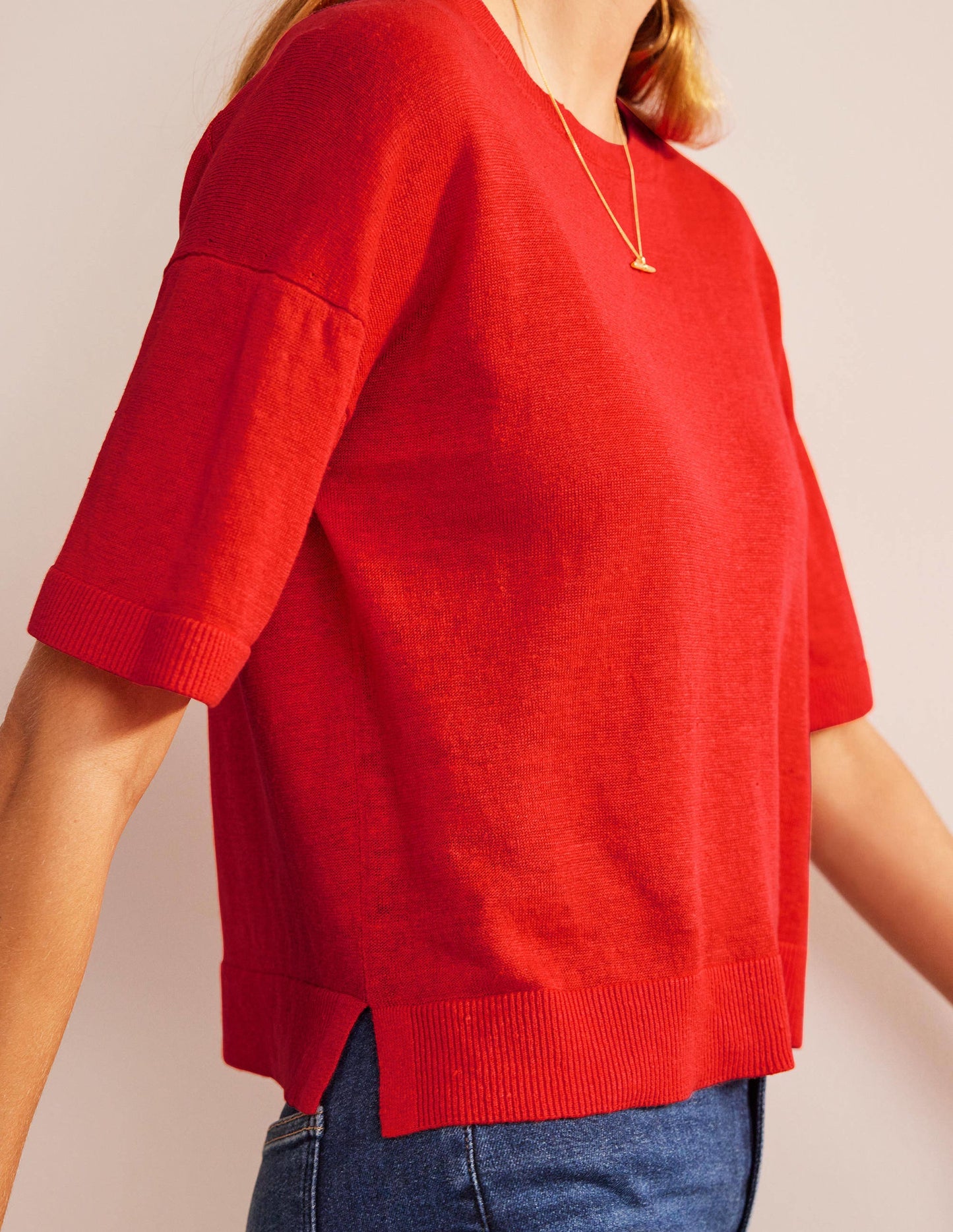 Drop-Shoulder Linen T-Shirt-Blood Orange
