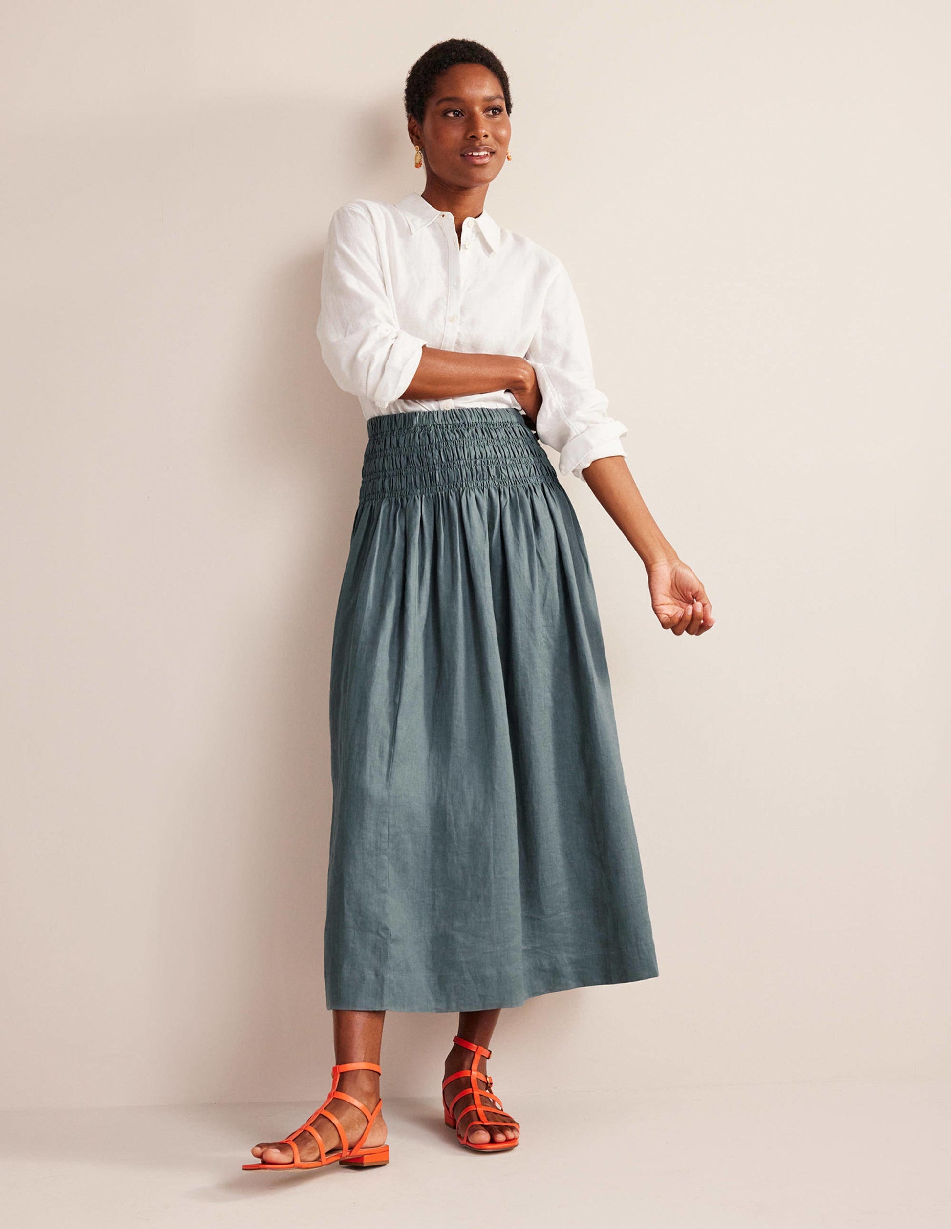 Shirred Waist Linen Midi Skirt-Deep Sea-1