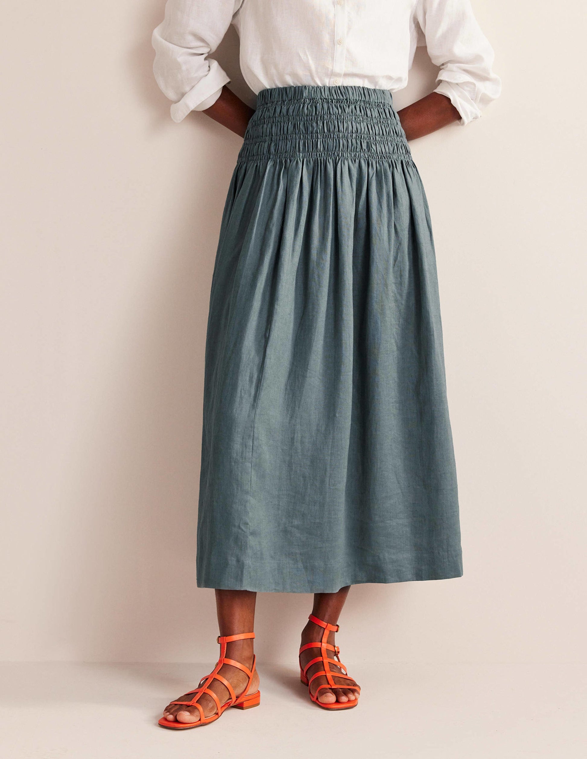 Shirred Waist Linen Midi Skirt-Deep Sea-4