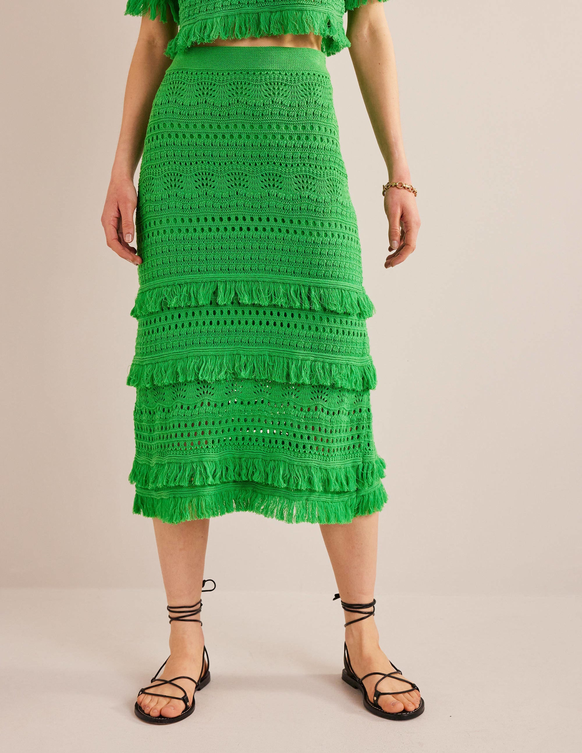 Fringe Crochet Knitted Skirt-Bright Green - Image 4